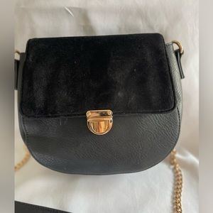 Black Faux Leather and Suede Purse with Gold Chain
